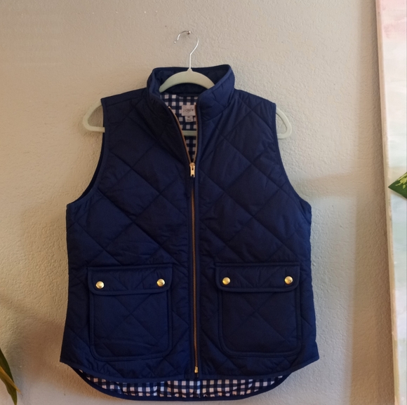 J. Crew Classic Navy Preppy Puffer Casual Vest Gold Zipper Buttons Plaid Lined M - Picture 3 of 7